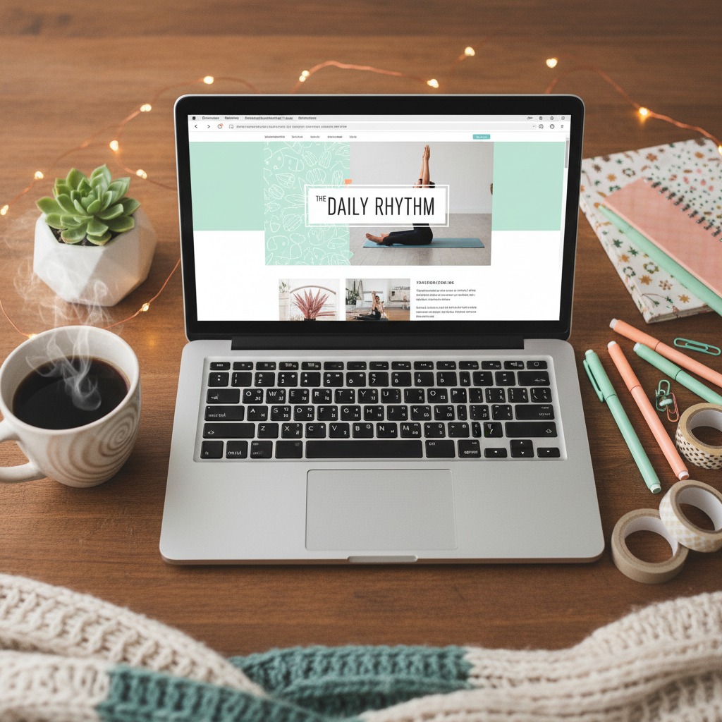 Een open laptop op een houten bureau met daarnaast een kop dampende koffie, een vetplantje, notitieboekjes en pennen.